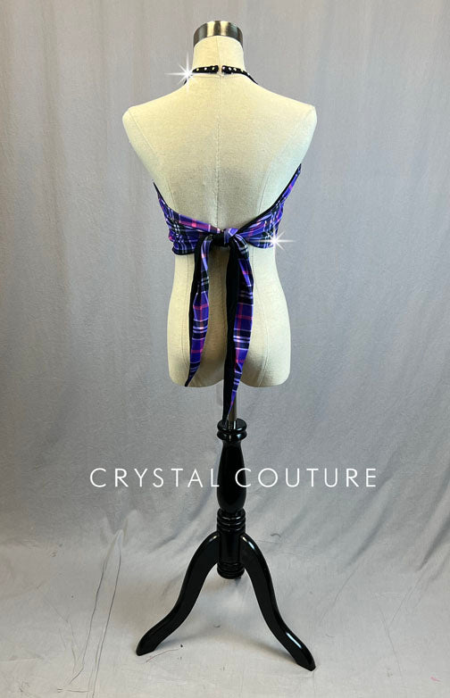 Custom Purple Plaid Halter Top with Tie Back - Rhinestones