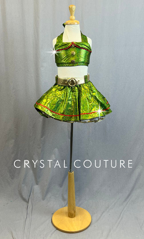 Light Olive Holographic Military Inspired Two Piece Top and Skirt - Rhinestones