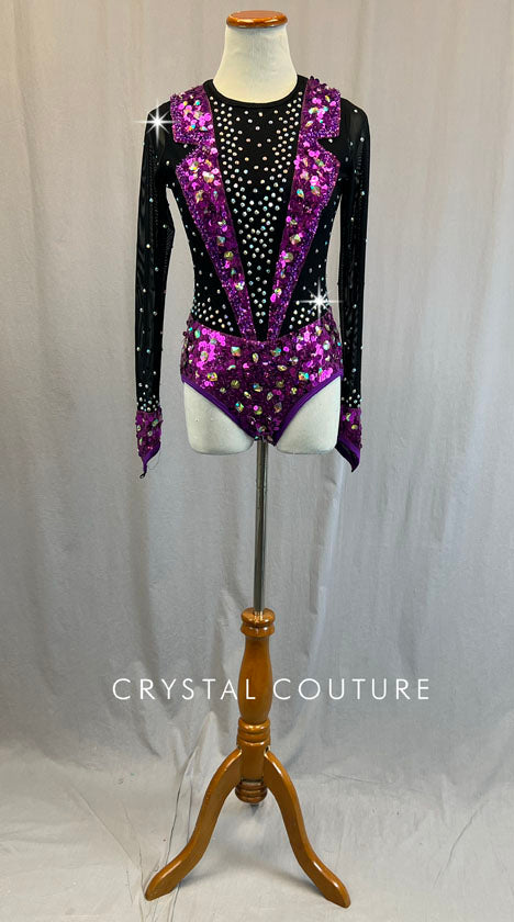 Black and Sequined Purple Long Leotard with Mesh - Rhinestones