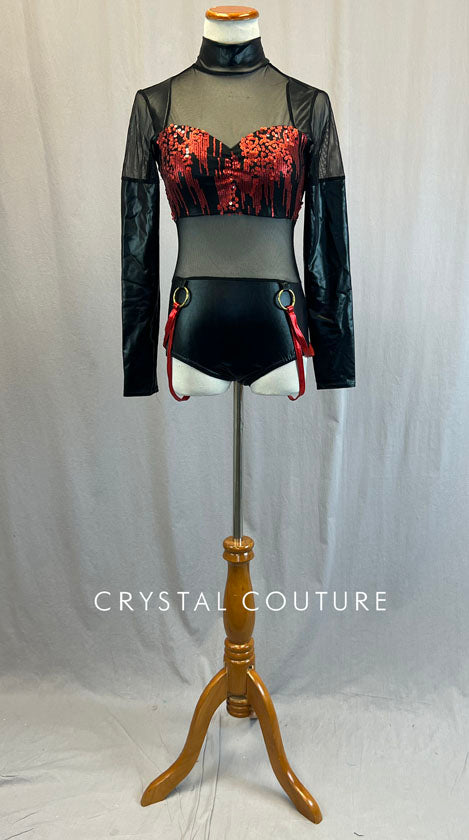 Black Pleather and Mesh Leotard with Red Zsa Zsa Top and Suspenders