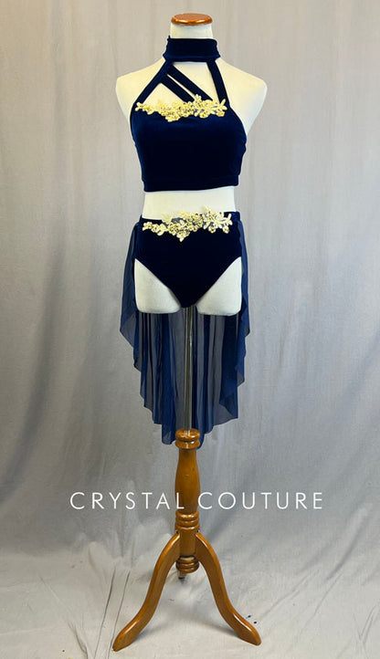 Navy Velvet Strappy Crop Top and Brief with Skirt Two-Piece Set - Rhinestones