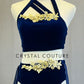 Navy Velvet Strappy Crop Top and Brief with Skirt Two-Piece Set - Rhinestones