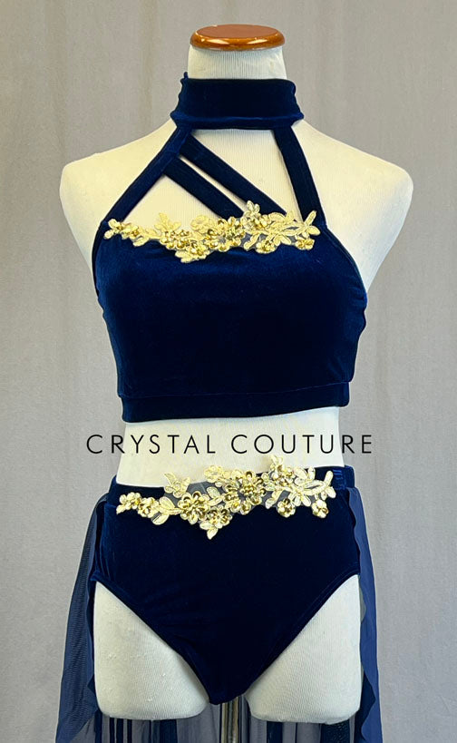 Navy Velvet Strappy Crop Top and Brief with Skirt Two-Piece Set - Rhinestones