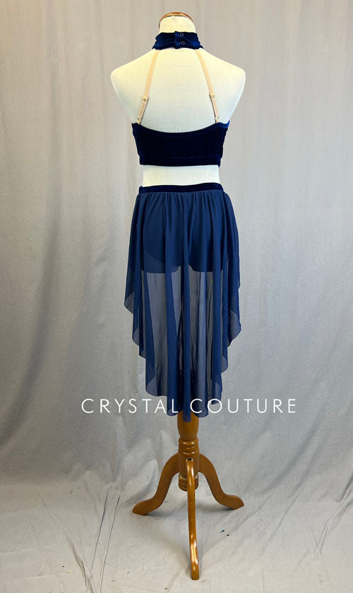 Navy Velvet Strappy Crop Top and Brief with Skirt Two-Piece Set - Rhinestones