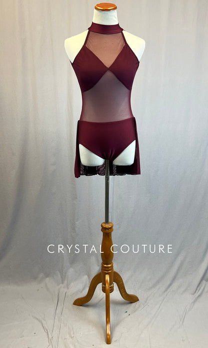 Burgundy Mock Neck Leotard with Mesh Inserts and Back Skirt