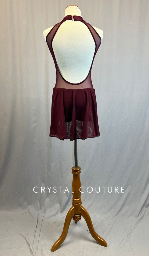 Burgundy Mock Neck Leotard with Mesh Inserts and Back Skirt