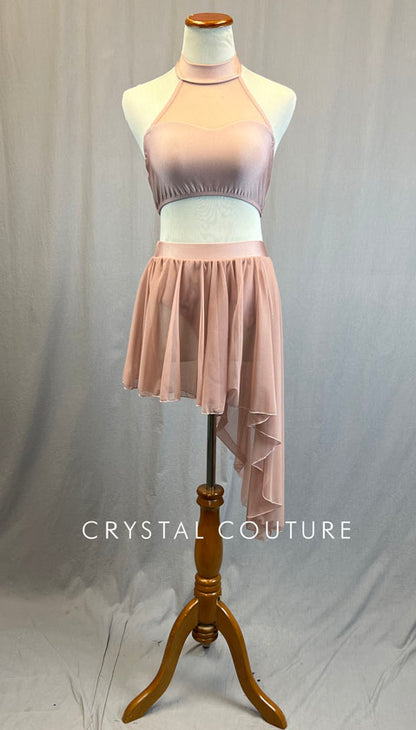 Blush Pink Halter Two Piece with Asymmetrical Mesh Skirt