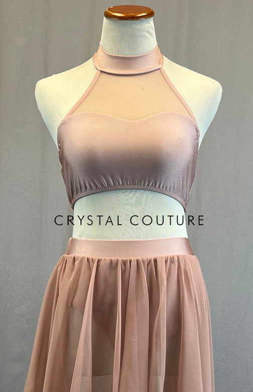 Blush Pink Halter Two Piece with Asymmetrical Mesh Skirt