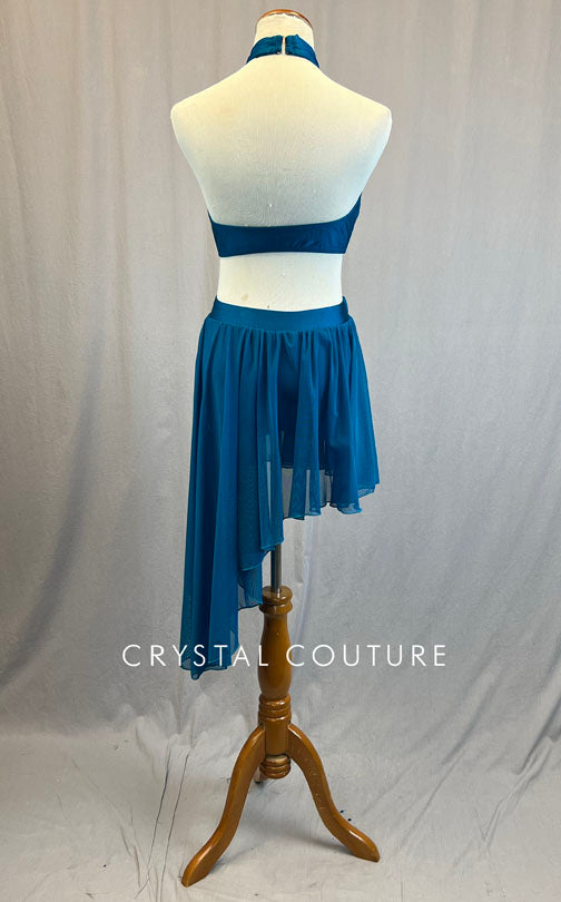 Teal Halter Two Piece with Asymmetrical Mesh Skirt