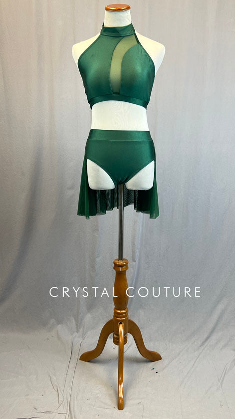 Dark Green Two Piece with Curved Mesh Insert and Back Skirt