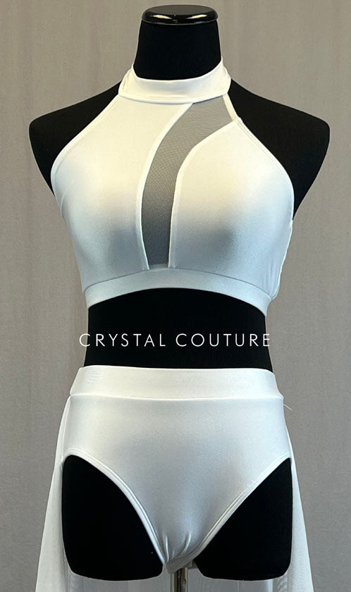 White Two Piece with Curved Mesh Insert and Back Skirt