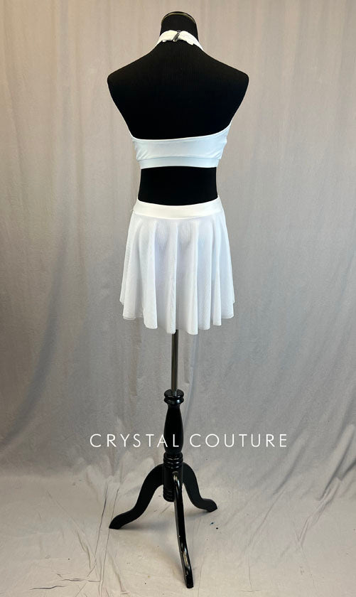 White Two Piece with Curved Mesh Insert and Back Skirt