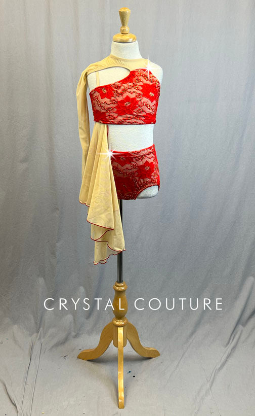 Red Lace Two Piece with Nude Mesh Inserts and Side Drape - Rhinestones