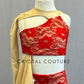 Red Lace Two Piece with Nude Mesh Inserts and Side Drape - Rhinestones