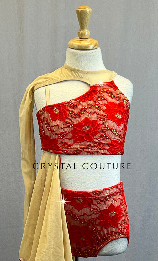 Red Lace Two Piece with Nude Mesh Inserts and Side Drape - Rhinestones