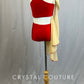 Red Lace Two Piece with Nude Mesh Inserts and Side Drape - Rhinestones