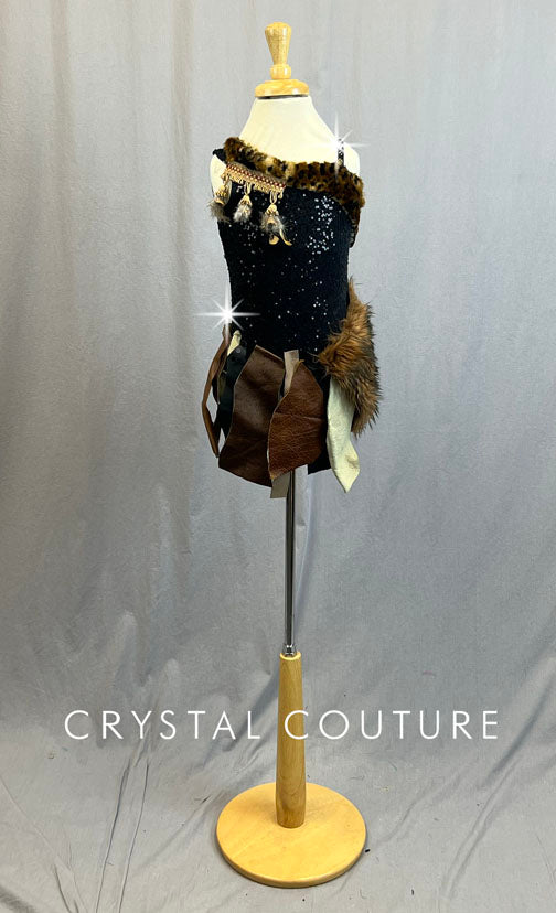 Custom Black Zsa Zsa and Brown Textured Cave Girl Inspired Leotard - Rhinestones