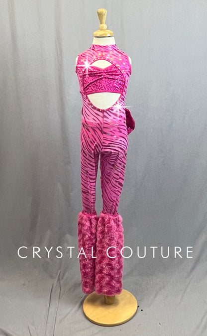 Custom Pink Panther Unitard with Fur Leg Warmers and Tail - Rhinestones