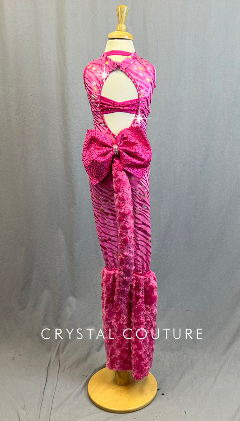 Custom Pink Panther Unitard with Fur Leg Warmers and Tail - Rhinestones