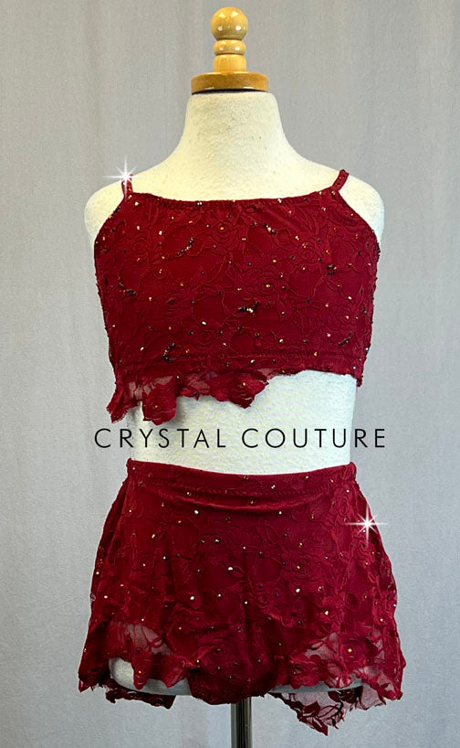 Custom Burgundy Lace Two Piece Bra Top and Shorts - Rhinestones