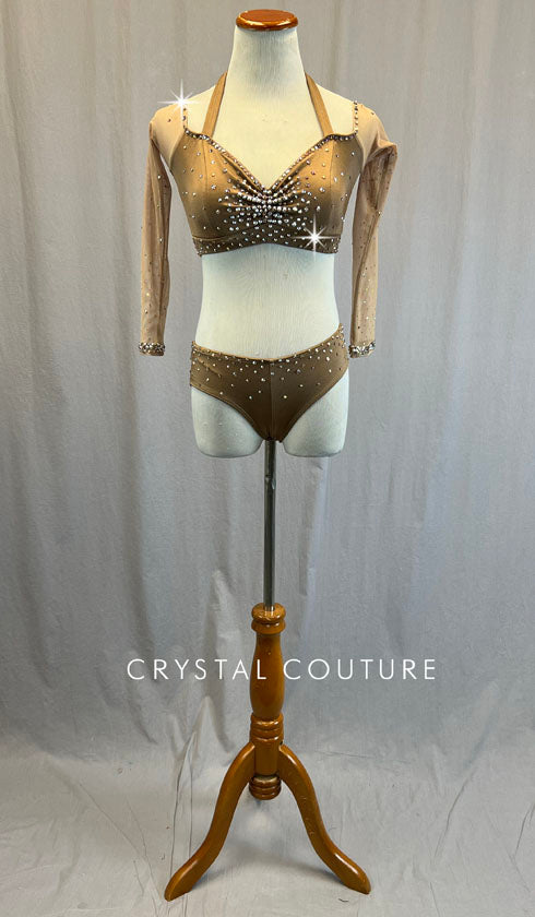 Bronze Top and Trunks with Mesh Sleeves - Rhinestones