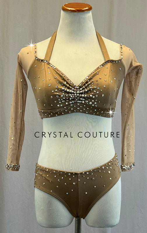 Bronze Top and Trunks with Mesh Sleeves - Rhinestones