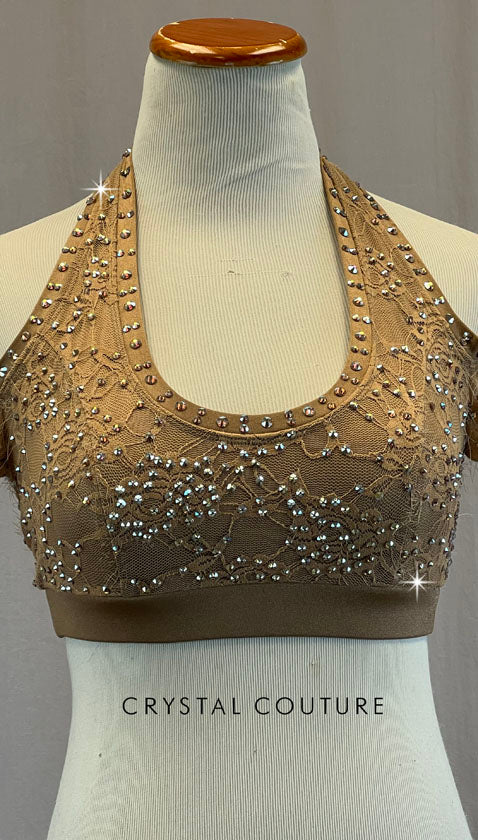 Bronze Lace Top with Cold Shoulder Sleeves - Rhinestones
