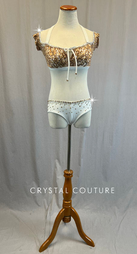 White & Nude Lace Top and Trunks - Rhinestones