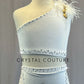 Custom White Velvet Single Shoulder Two Piece with Feathers - Rhinestones