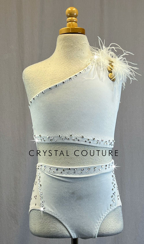 Custom White Velvet Single Shoulder Two Piece with Feathers - Rhinestones