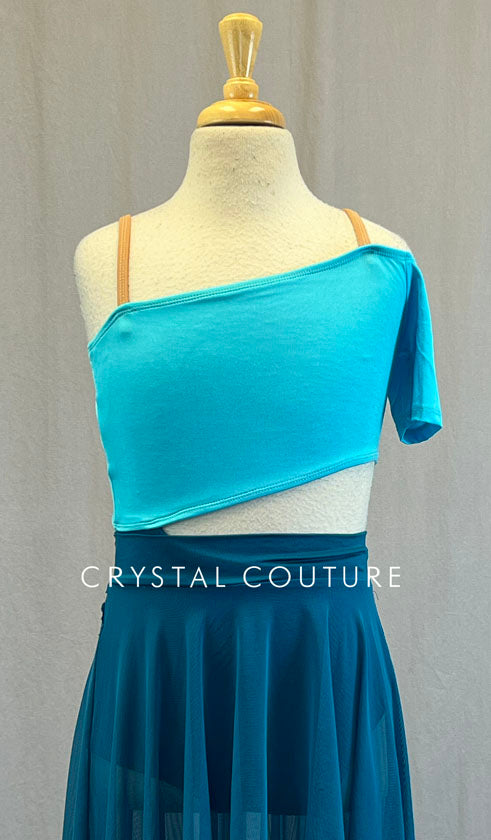 Teal and Aqua One Short Sleeve Leotard with Open Midriff and Skirt