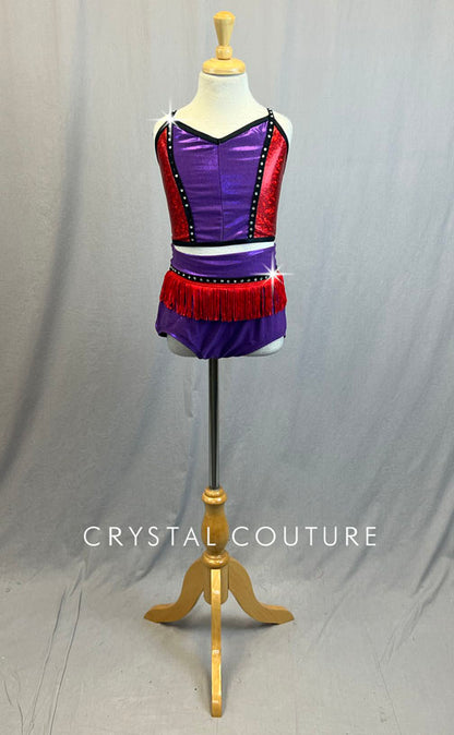 Red and Purple Color Block Two Piece with Black Trim and Red Fringe