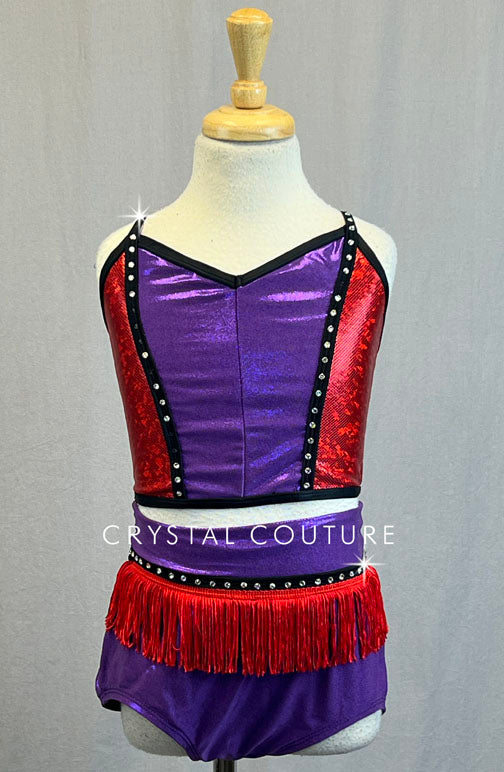 Red and Purple Color Block Two Piece with Black Trim and Red Fringe