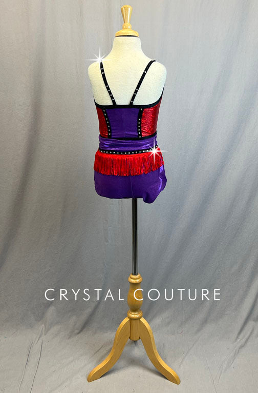 Red and Purple Color Block Two Piece with Black Trim and Red Fringe