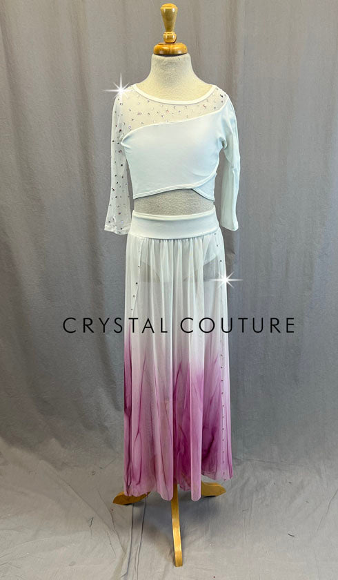 White Top with Pink Ombre Skirt - Rhinestones