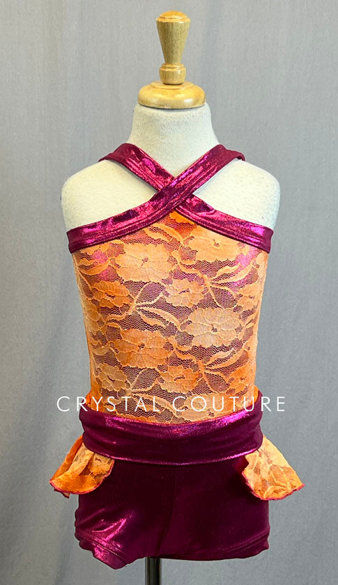 Hot Pink Shiny Lycra and Orange Lace One Piece Unitard