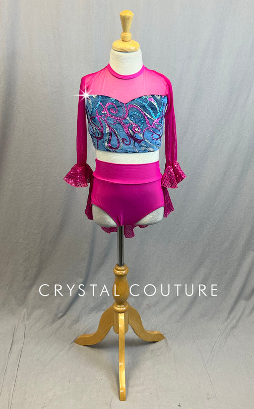 Hot Pink Two Piece With Navy and Pink Glitter Swirl Velvet top and High Waisted Pink Trunks.