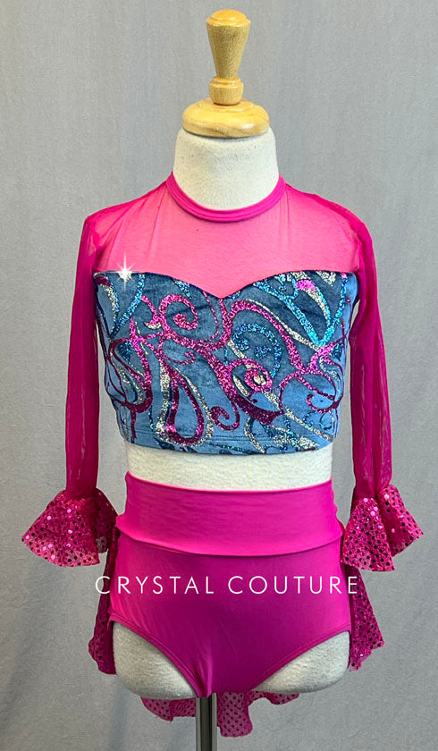 Hot Pink Two Piece With Navy and Pink Glitter Swirl Velvet top and High Waisted Pink Trunks.