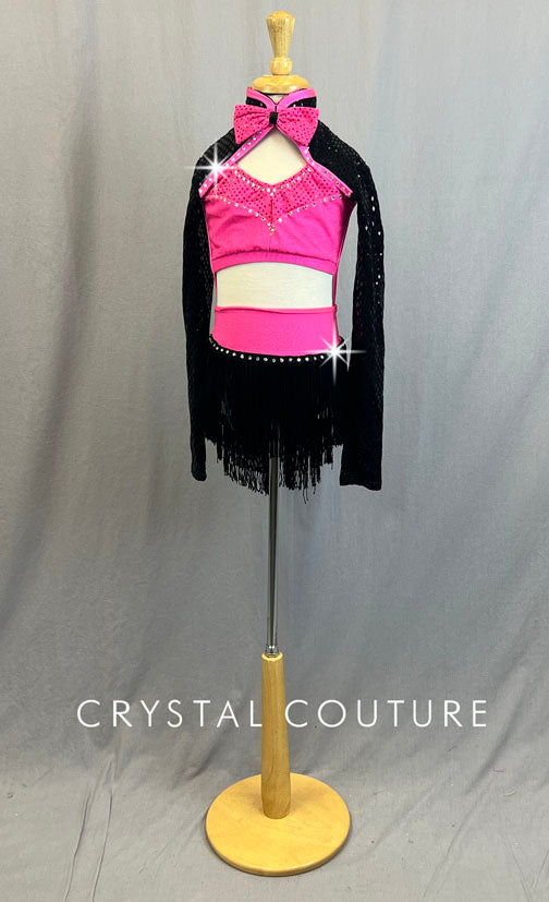 Custom Hot Pink and Black Long Sleeve Leotard and Attached Fringe Skirt