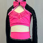 Custom Hot Pink and Black Long Sleeve Leotard and Attached Fringe Skirt