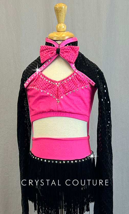 Custom Hot Pink and Black Long Sleeve Leotard and Attached Fringe Skirt