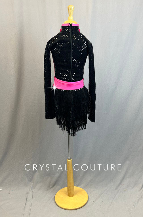 Custom Hot Pink and Black Long Sleeve Leotard and Attached Fringe Skirt