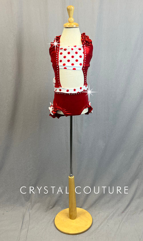 Red Shiny Lycra Leotard with Red and White Polka Dot Lycra Top and Waistband
