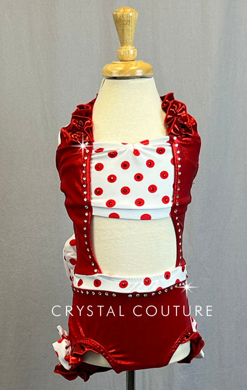 Red Shiny Lycra Leotard with Red and White Polka Dot Lycra Top and Waistband