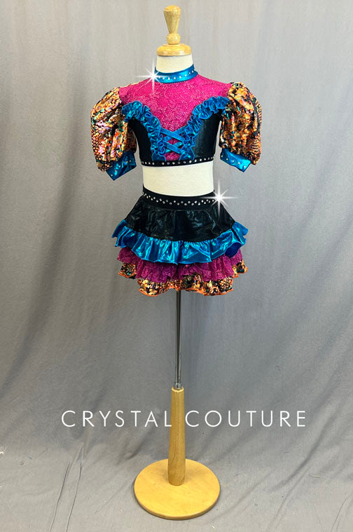 Multi Color Two Piece Crop Top and Ruffle Skirt