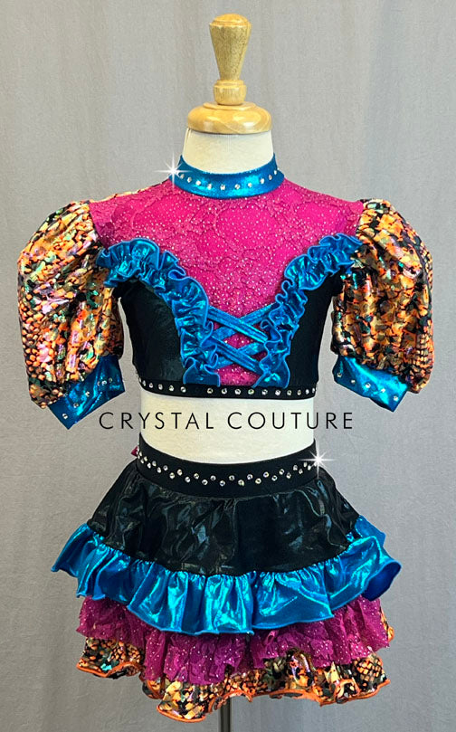 Multi Color Two Piece Crop Top and Ruffle Skirt