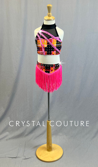 Hot Pink Fringe with Orange Plaid Two Piece Halter Top and Trunks.