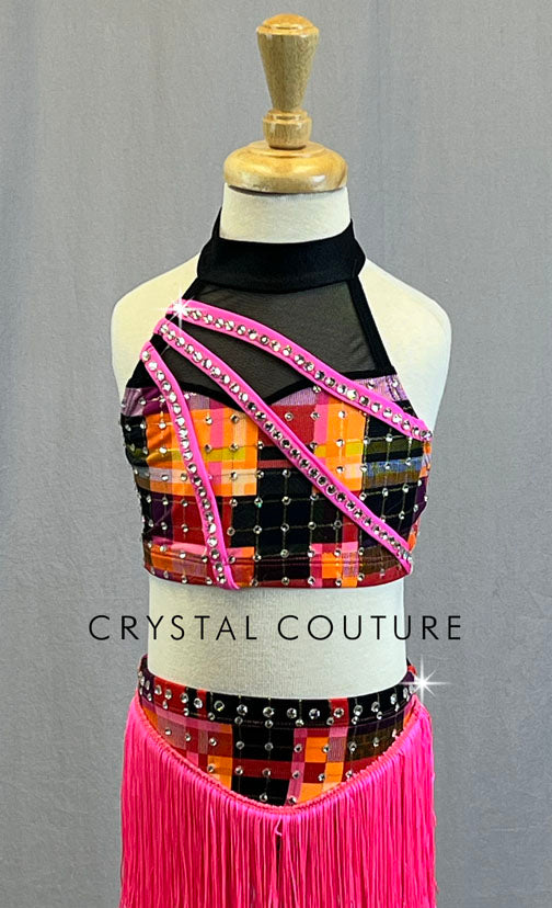 Hot Pink Fringe with Orange Plaid Two Piece Halter Top and Trunks.