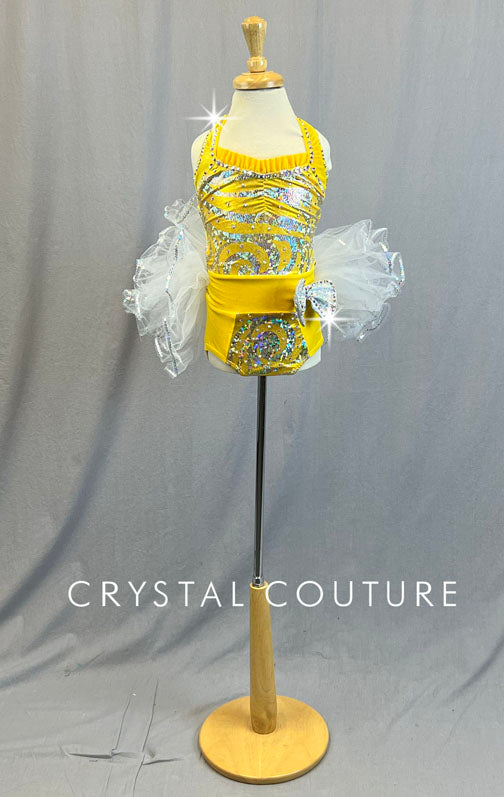 Yellow and Silver Leotard with Bustle Skirt- Rhinestones
