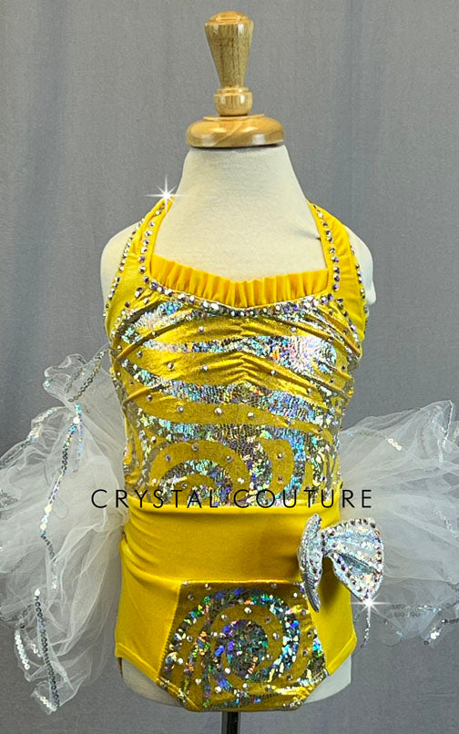 Yellow and Silver Leotard with Bustle Skirt- Rhinestones